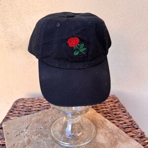 Aung Crown Single Red Rose Embroidery Black Strap Cap